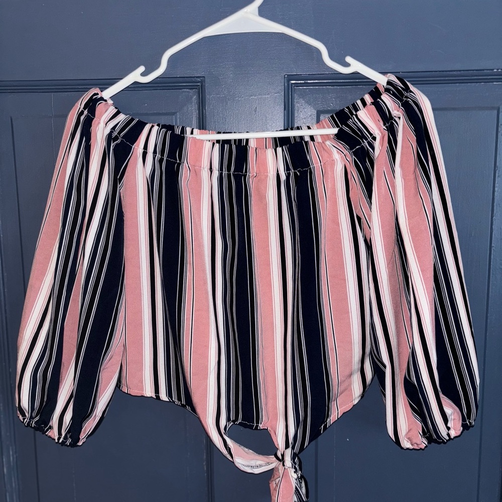 Striped Off-Shoulder Blouse and Pant set- Pink, Black and White stripes.